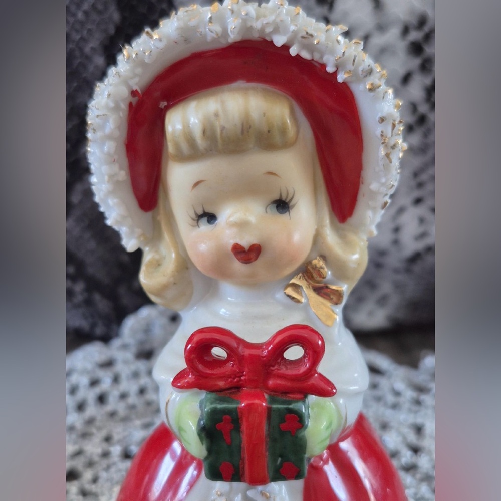 Lefton Christmas Girl Bell Figurine MCM 1950s Vintage Angel Sugared Trim w gift - Picture 3 of 7